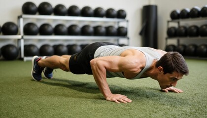 Intense push-up workout session gym fitness exercise indoor side view strength training techniques for optimal performance