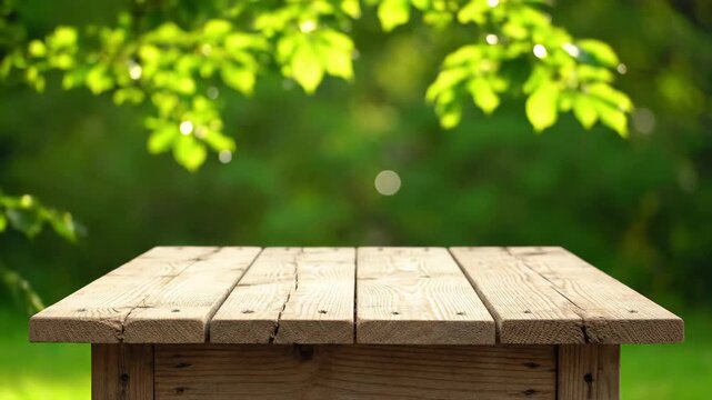 Empty wooden picnic table top for product display montage. Natural green background with sunlight bokeh through tree leaves. Summer park or garden scene for outdoor advertising