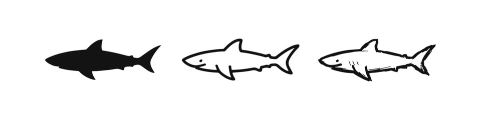Shark Icon Set in Silhouette, Outline, and Hand-Drawn Sketch Styles
