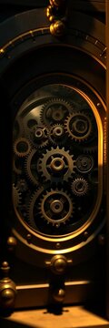 Intricate gears within a vintage cryptex await unlocking, casting dramatic shadows ,  unlock,  secret