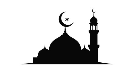 A striking black silhouette of a mosque with a crescent moon and star representing islamic faith silhouette © AL-AMIN