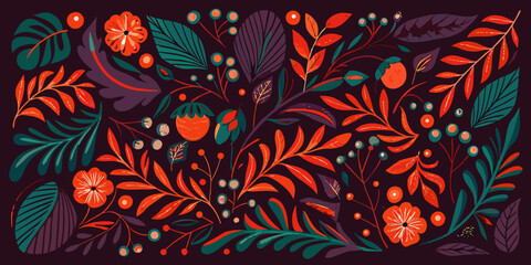 A vibrant botanical illustration featuring various leaves flowers and berries © Sanjoy