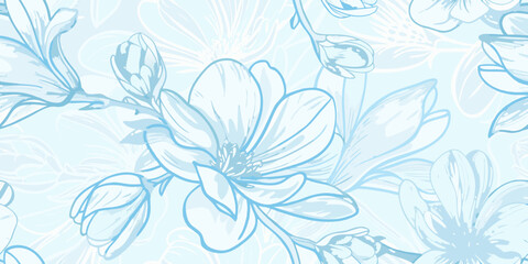 Delicate blue floral pattern featuring stylized magnolia blossoms and leaves © Sanjoy