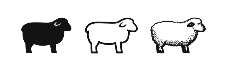 Obraz premium Ram or Ewe Icon Set. Vector silhouette, outline, and hand-drawn sketch style sheep graphics with horns.