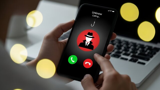 Person holding smartphone displaying an incoming unknown call alert indicating potential phishing or scam attempts on a device screen