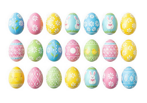 A collection of colorful easter eggs on a white background