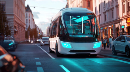 Fototapeta premium Futuristic electric bus driving through a busy urban street filled with modern architecture and vibrant nightlife