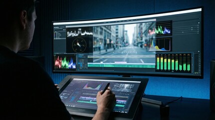 Obraz premium Professional video editor using a touchscreen tablet and expansive monitor setup in a dark studio