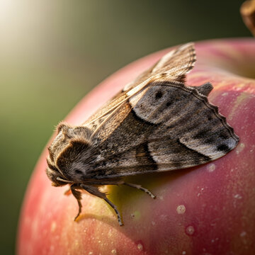 Codling moth (Cydia pomonella) resting on a ripe red apple, isolated on transparent background, highlighting agricultural pests and fruit damage.