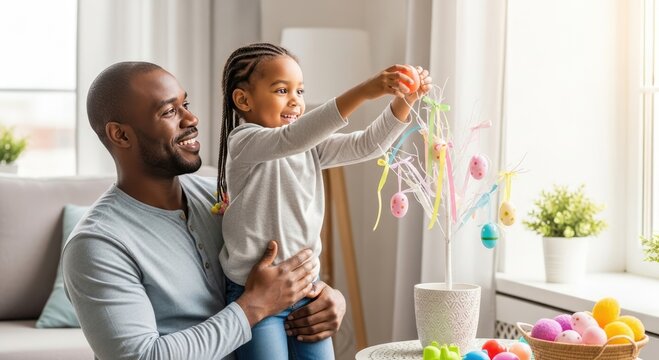 African American father and daughter decorating Easter tree with colorful eggs in cozy living room, spring traditions and family bonding. Generative Ai