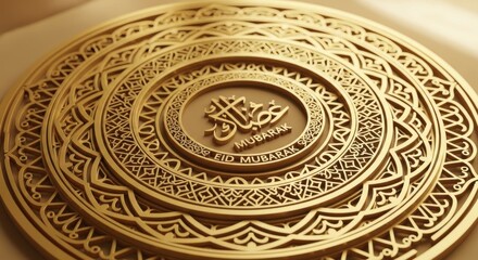 Obraz premium Golden ornate circular background with intricate arabesque pattern and Ramadan Mubarak calligraphy, elegant Islamic design