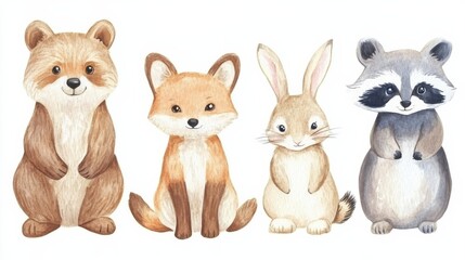 Obraz premium Woodland animals gather for fun in a playful forest scene with a bear, fox, bunny, and raccoon in a kids illustration