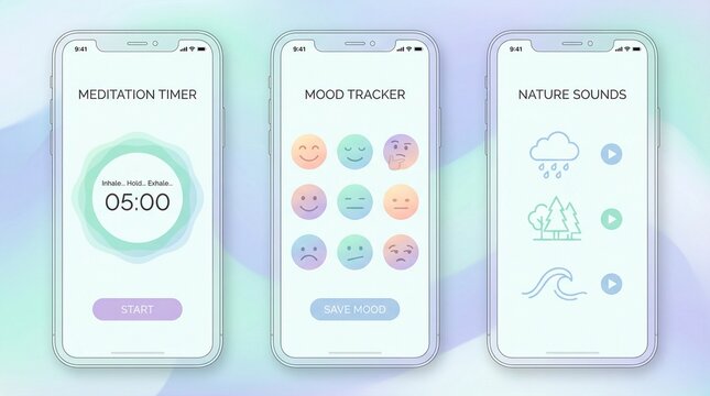 Mobile app interface displaying meditation timer, mood tracker and nature sounds on pastel gradient