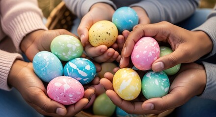 Close up of painted Easter eggs in hands of black family, seasonal celebration and love. Generative Ai