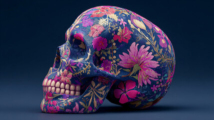 A colorful floral patterned skull on a dark background with pink flowers