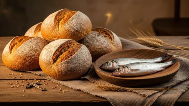 A wooden cross next to loaves of bread, two fish on a plate with wheat stalks. Religious symbolism of nourishment for faith.