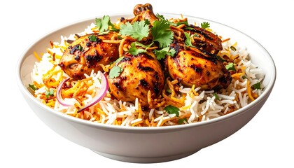 A close-up shot of a flavorful chicken dish with rice in a white bowl, garnished with herbs and a red onion slice