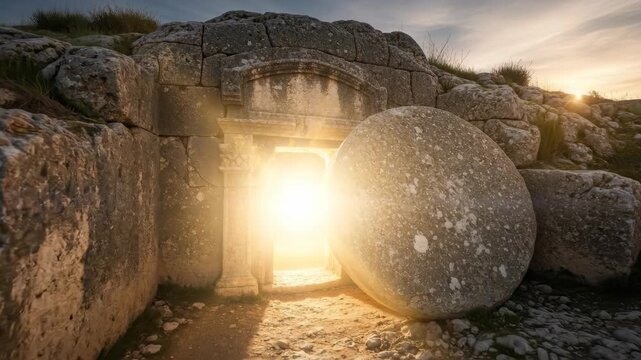 The empty tomb of Jesus with a giant stone rolled away and bright light emanating from inside, depicting resurrection at sunrise for religious narrative.
