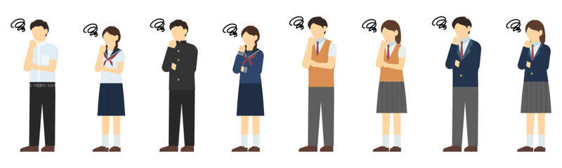 フラットイラスト：悩んでいる中高生男女セット