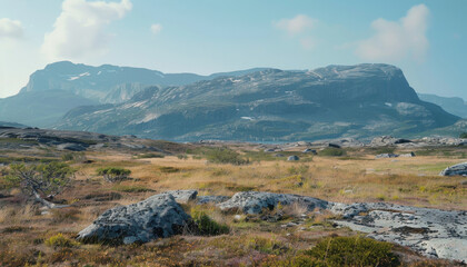 Stunning landscape featuring rugged mountains and serene grassy plains under a bright blue sky