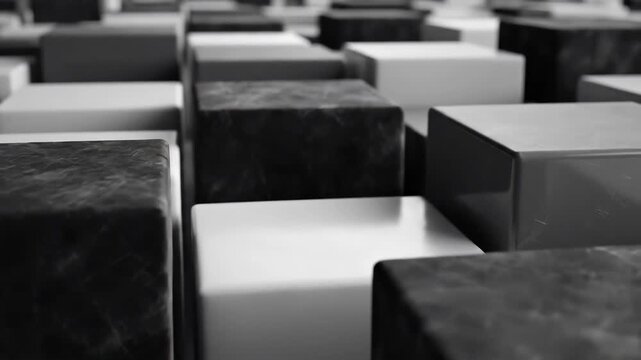 Abstract 3D rendering of a textured dark and light cube grid pattern with a shallow depth of field creating a sense of depth and motion.