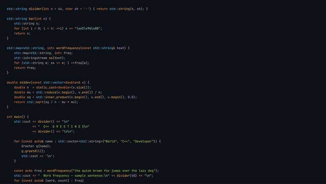 Modern Programmer Coding Screen with Hello World Program with Modern Programming Language Syntax Highlighting in Digital Code Editor Environment. Vector Illustration.