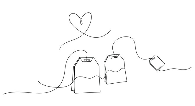 Continuous Line Art of Teabags with Heart-Shaped Steam
