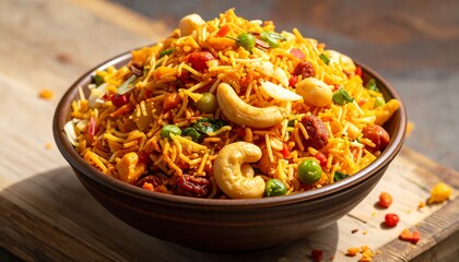 A close-up shot of a flavorful savory snack mix served in a brown bowl on a wooden surface