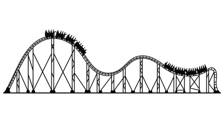 Black and white illustration of a roller coaster with cars on the track, amusement park ride, thrill and entertainment concept, detailed outline vector drawing. © wow