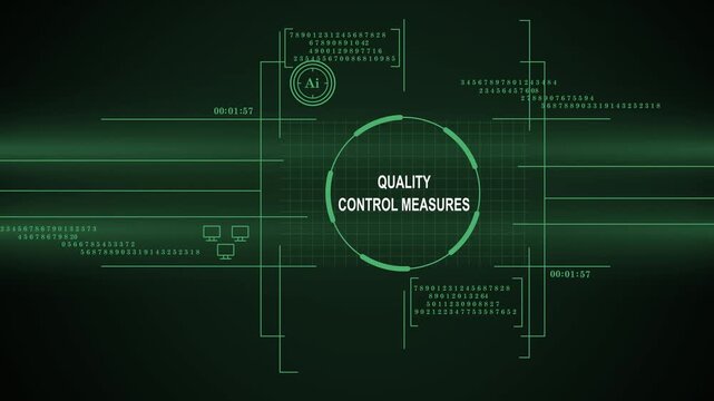 Abstract Digital HUD Interface with Quality Control Measures Text, AI Icon, and Data Analytics Visualizations in Green Futuristic Style
