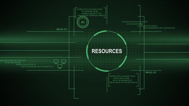 A glowing green futuristic digital interface screen featuring a central RESOURCES label, complex HUD elements, scrolling data strings, and grid patterns on a dark technological background.