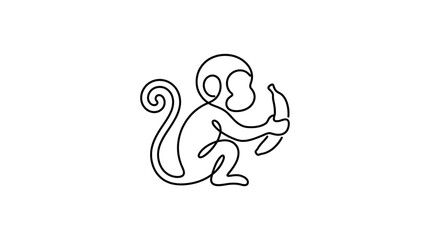 Obraz premium Monkey with Banana One-Line Icon, Single Continuous Line Sitting Cute Animal Outline