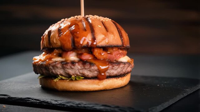 Luxury Gourmet Beef Burger with Melted Cheddar Cheese, Caramelized Onions and Signature Sauce on Toasted Brioche Bun Close Up 4K UHD.