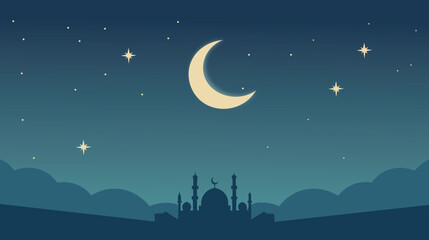 Crescent moon and stars over mosque silhouette at night © MdMezbahul