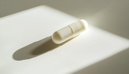 Pill capsule lying on a smooth surface with shadows creating an elegant and modern look