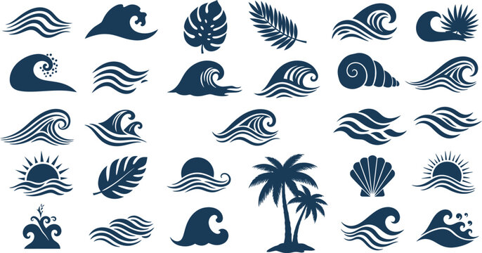 A grid of wave silhouettes in various stages of formation and movement, depicted in dark blue against a white background