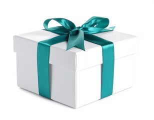 Obraz premium Wrapped box, crisp white with teal ribbon tied in a bow, clean, minimal on a white background