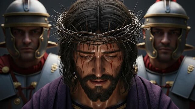 Jesus christ and roman soldier in vertical frames showing emotion of suffering and sacrifice, a religious scene for spiritual reflection.