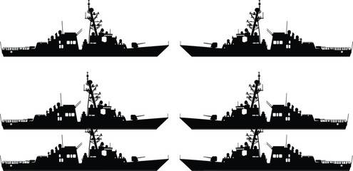 Six black silhouette icons of modern warships on a white background battleship destroyer © Ashraful