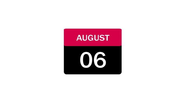 A clean and professional minimalist flat design calendar icon displaying August 6, featuring a pink header and black body on a white background.