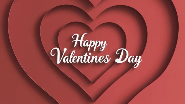 Happy Valentines Day written on 3D red hearts on red background