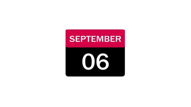 A clean and minimalist flat design calendar icon representing September 6, featuring a red header and black background with white text for schedule and event planning.