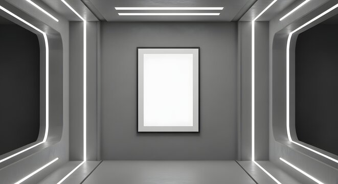Blank Poster Mockup in Futuristic Sci-Fi Interior with Bright Neon White Lights