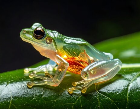 Translucent glass frog resting on a vibrant green leaf in a rainforest setting with visible internal organs a captivating macro shot
