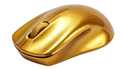 A close-up shot of a glossy, golden-colored computer mouse, isolated against a plain white background. It has a scroll wheel