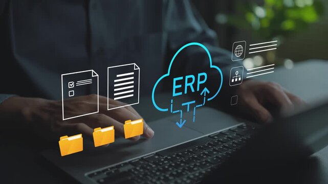 Cloud ERP concept. Person using laptop with cloud and enterprise resource planning icons, business process integration, data management and digital transformation.