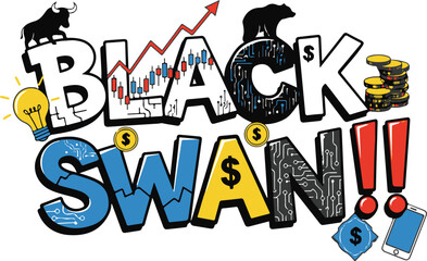 Black Swan Financial Typography with Bull and Bear Market Symbols, Stock Candlestick Chart, Currency Coins, and Digital Circuit Patterns on White Background for Economic Crisis and Trading Concept