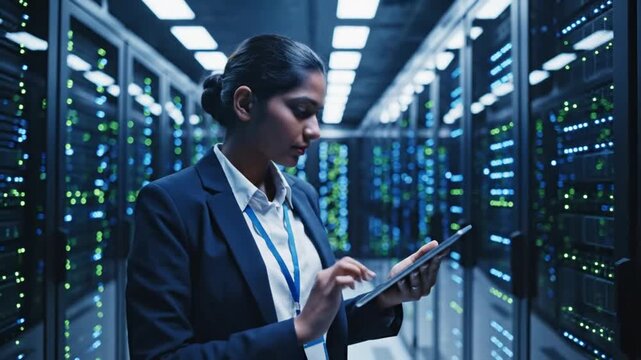 Indian Female IT Technician Checking Server Hardware Status Using Digital Tablet