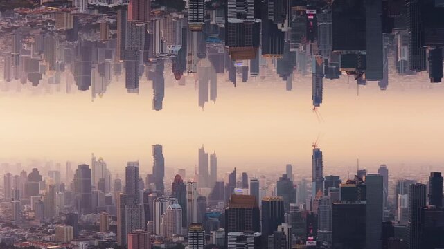 Surreal aerial mirror effect of Bangkok city skyline showing urban sci fi metropolis with futuristic architecture, creating dystopian alternate reality dimension