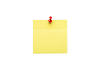 A bright yellow sticky note pinned to a white wall with a red pushpin. isolated on transparent background
